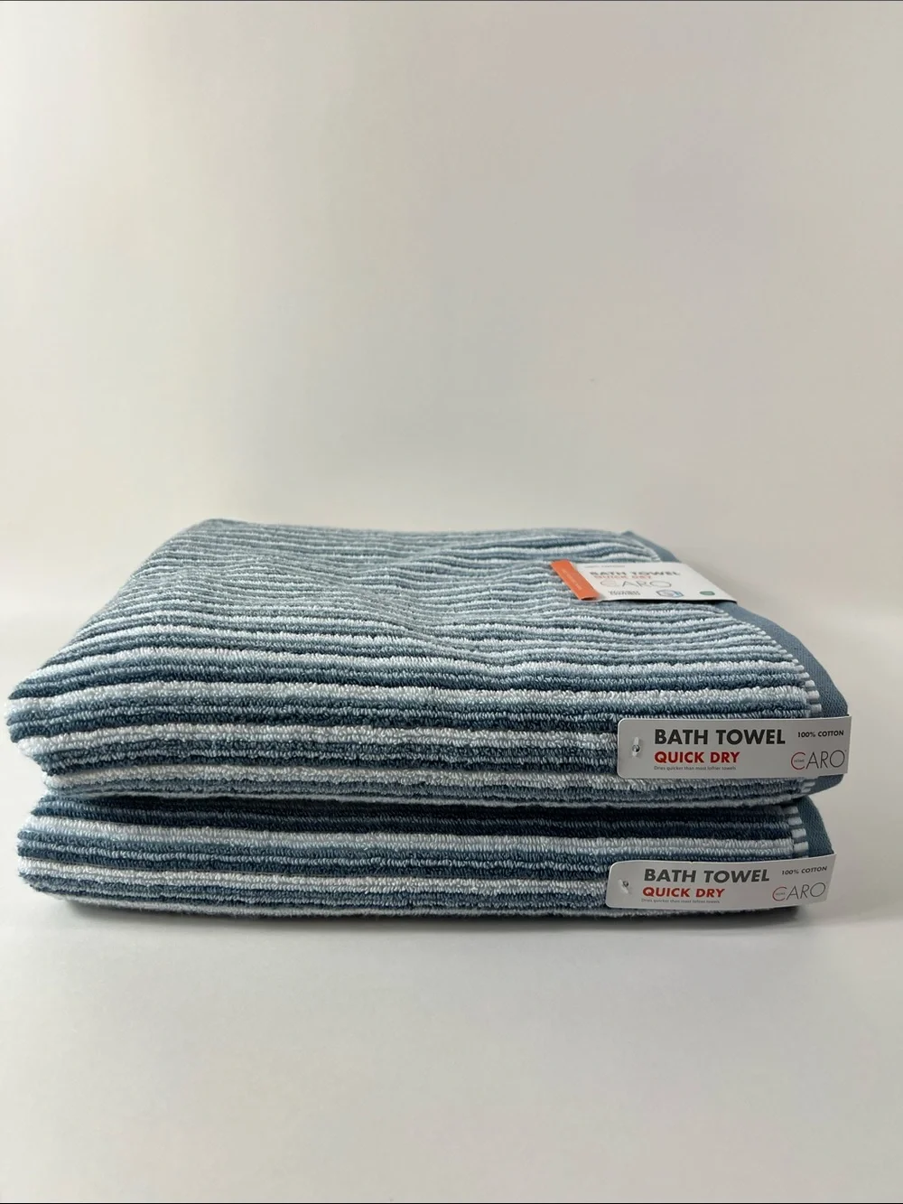 Caro Home Bath Towel Set  Striped Blue White Soft Cotton Quick Dry 2 Pc NEW